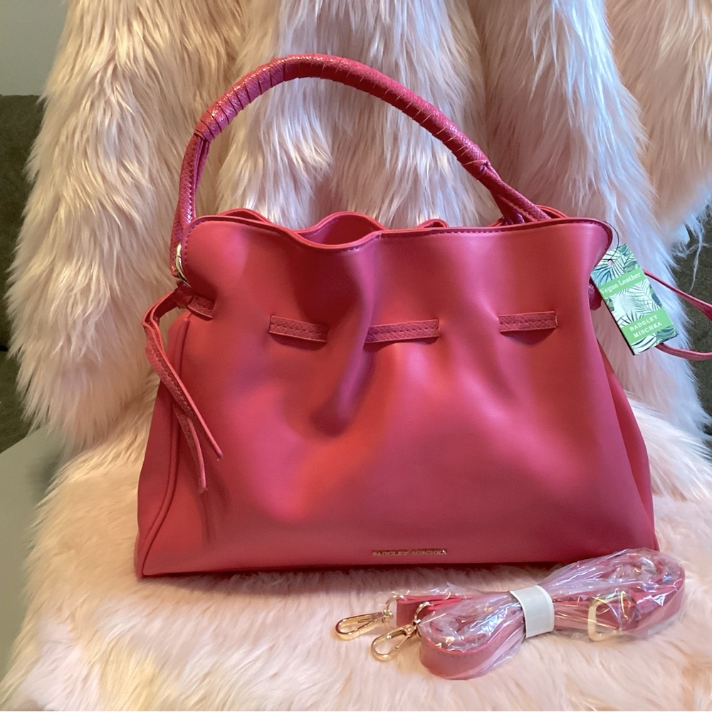 Badgely Mischka NWT hot pink vegan leather cinched tote with gold hardware
